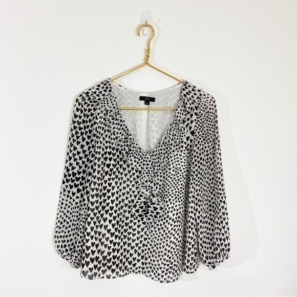 J. Crew Small Allover Heart Print Ruffle‎ Front White Black Blouse Top - Picture 2 of 10